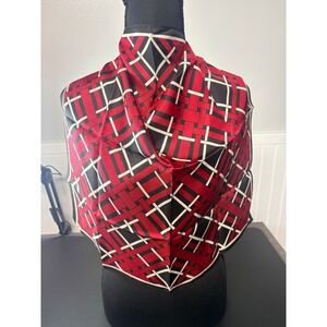 Talbots Silk Square Scarf Red Black White Geometric Lattice Print 21x21‎